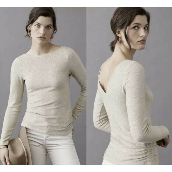 Anthropologie XS Pullover Rhea Boat Neck Ruched Top Moss Sage Green V back New - Picture 1 of 13